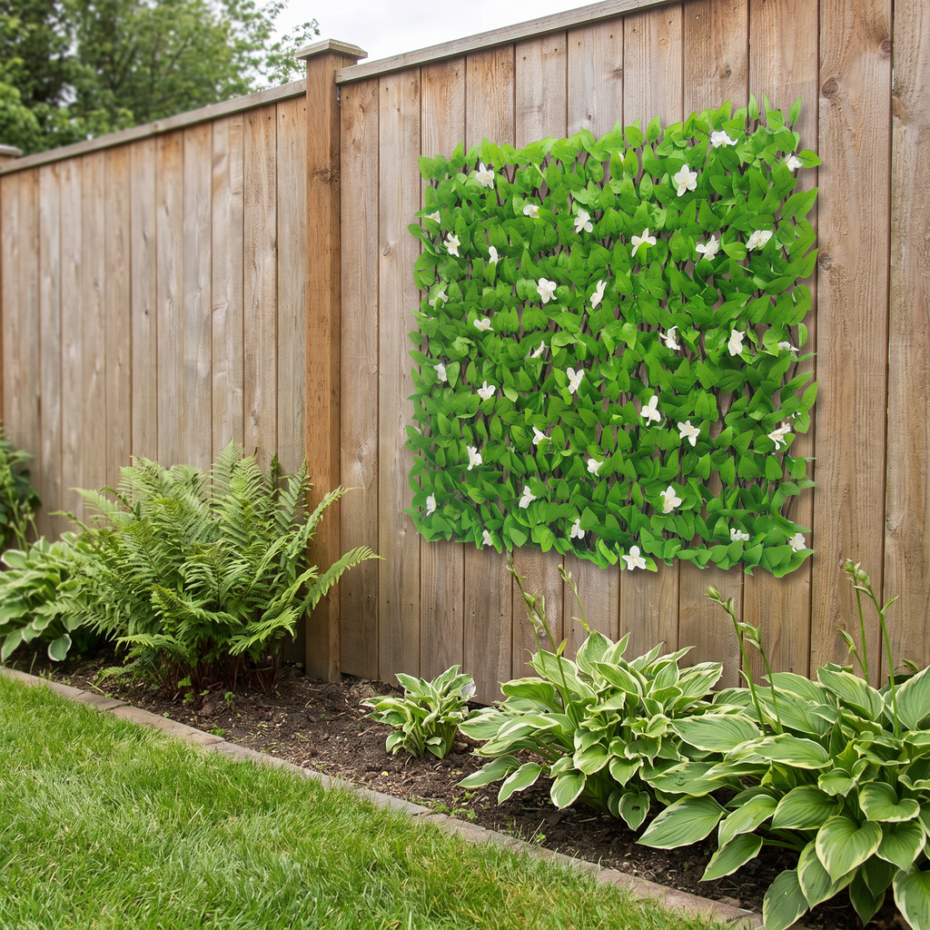 Expandable ivy trellis panel on a garden fence, shown at 3.3 ft