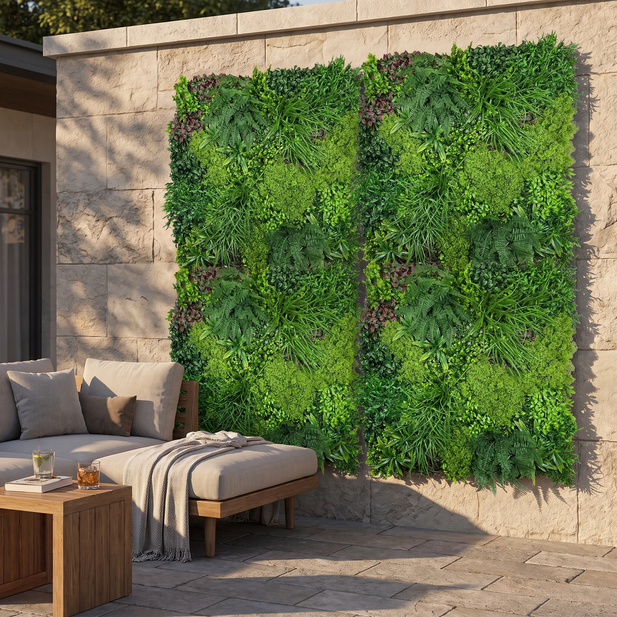 Boxwood artificial wall panels on a patio wall, shown at 3.3 x 3.3 ft
