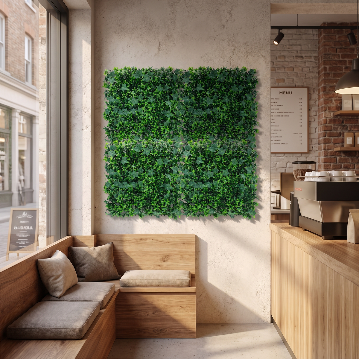 Artificial grass wall tiles in a modern cafe, shown at 1.6 x 1.6 ft
