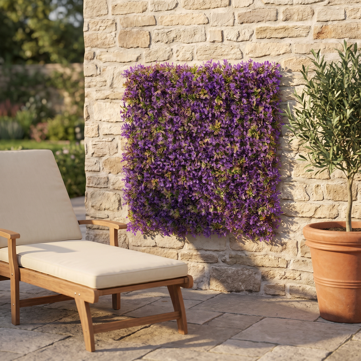 Boxwood artificial panel tiles on a patio wall, shown at 1.6 x 1.6 ft