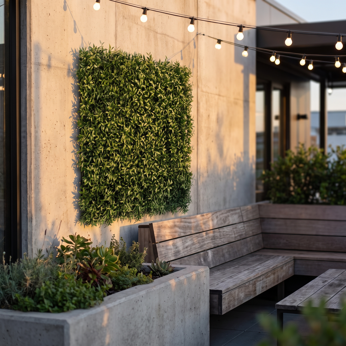 Artificial grass backdrop tiles on a restaurant terrace wall, shown at 1.6 x 1.6 ft