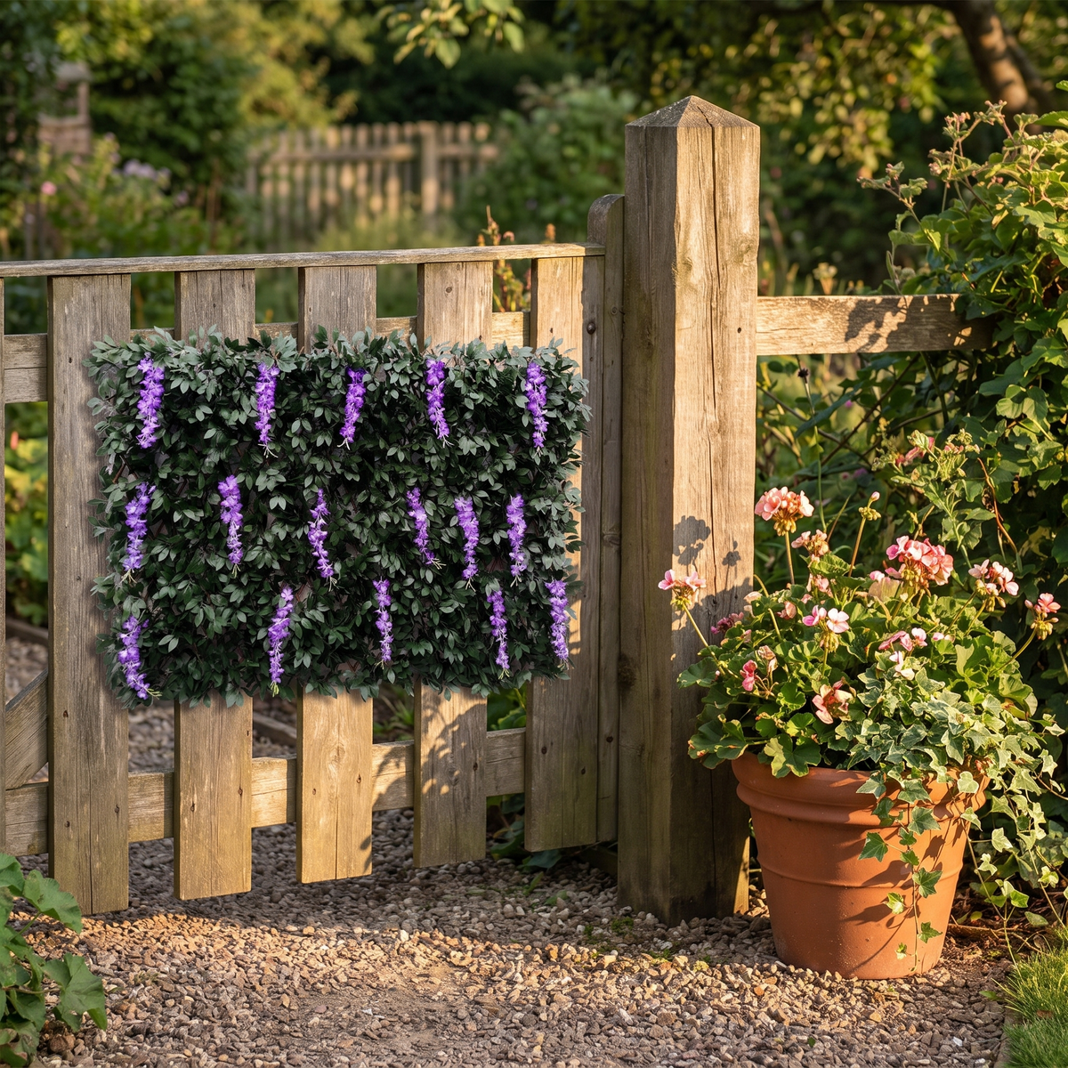Willow expandable trellis privacy panel on a garden fence, shown at 1.0 x 3.3 ft
