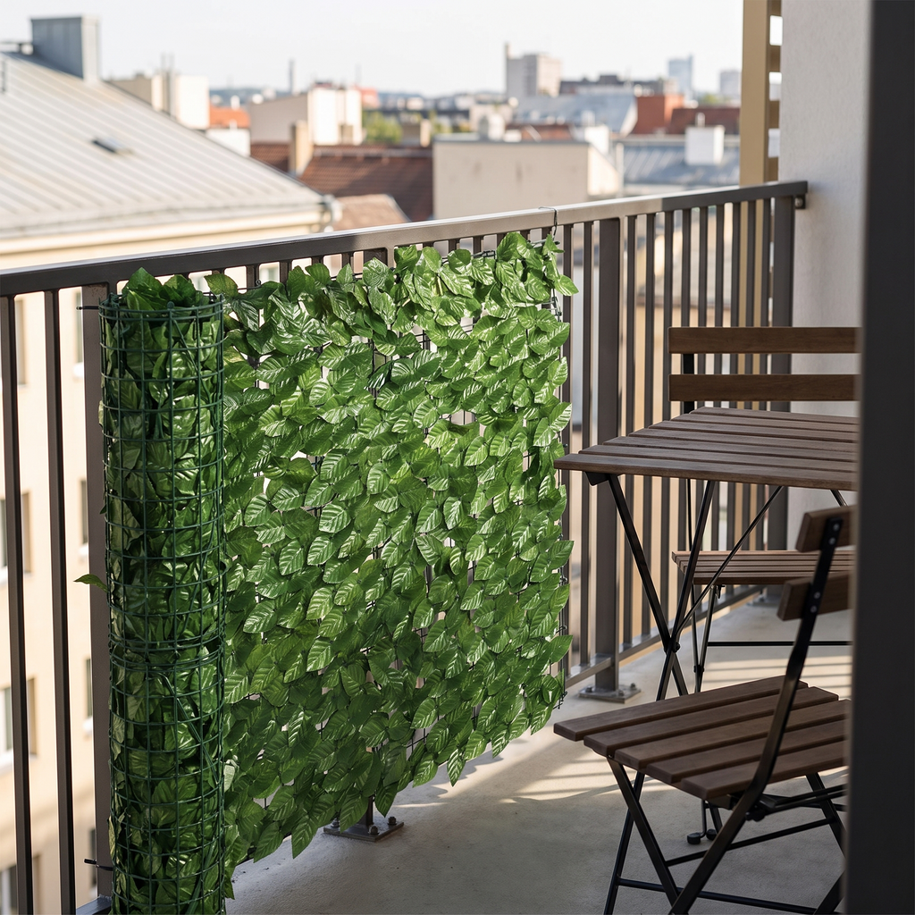 Artificial ivy screening section on a balcony railing, shown at 3.3 ft