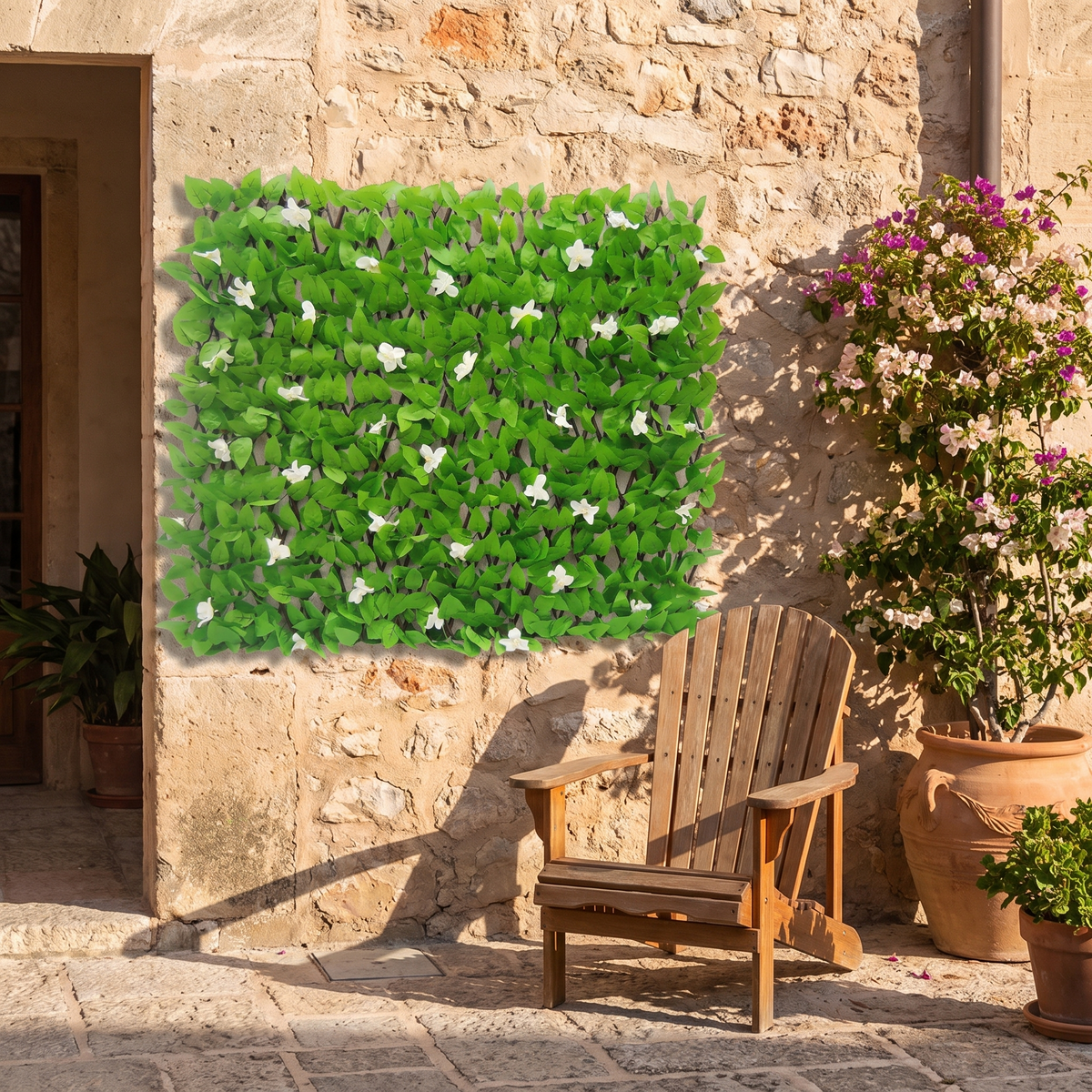 Artificial ivy panel with willow trellis on a courtyard wall, shown at 3.3 ft