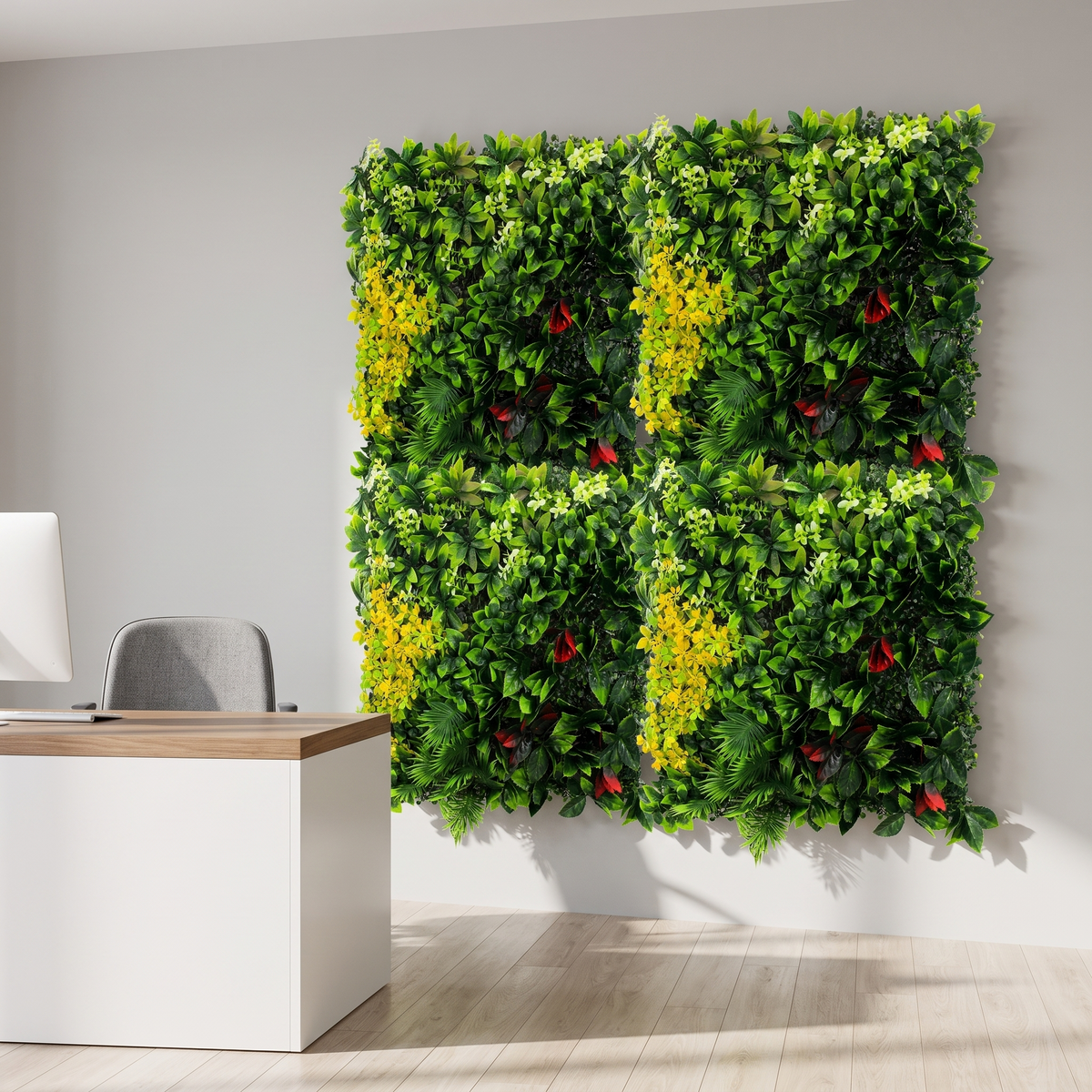 Artificial grass wall panels in an office reception, shown at 3.3 x 3.3 ft