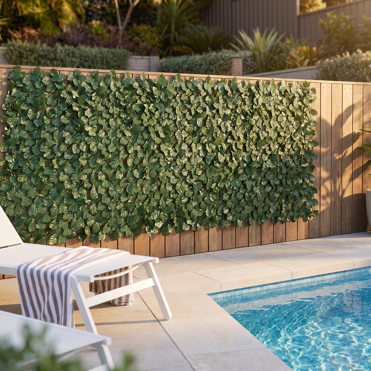 Artificial ivy privacy screen along a poolside fence