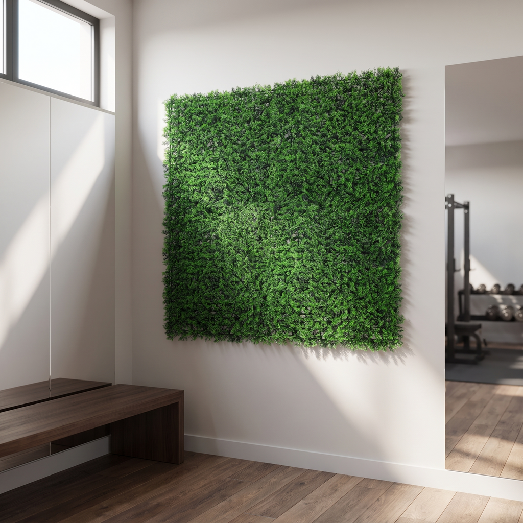 Artificial grass wall tiles in a fitness studio