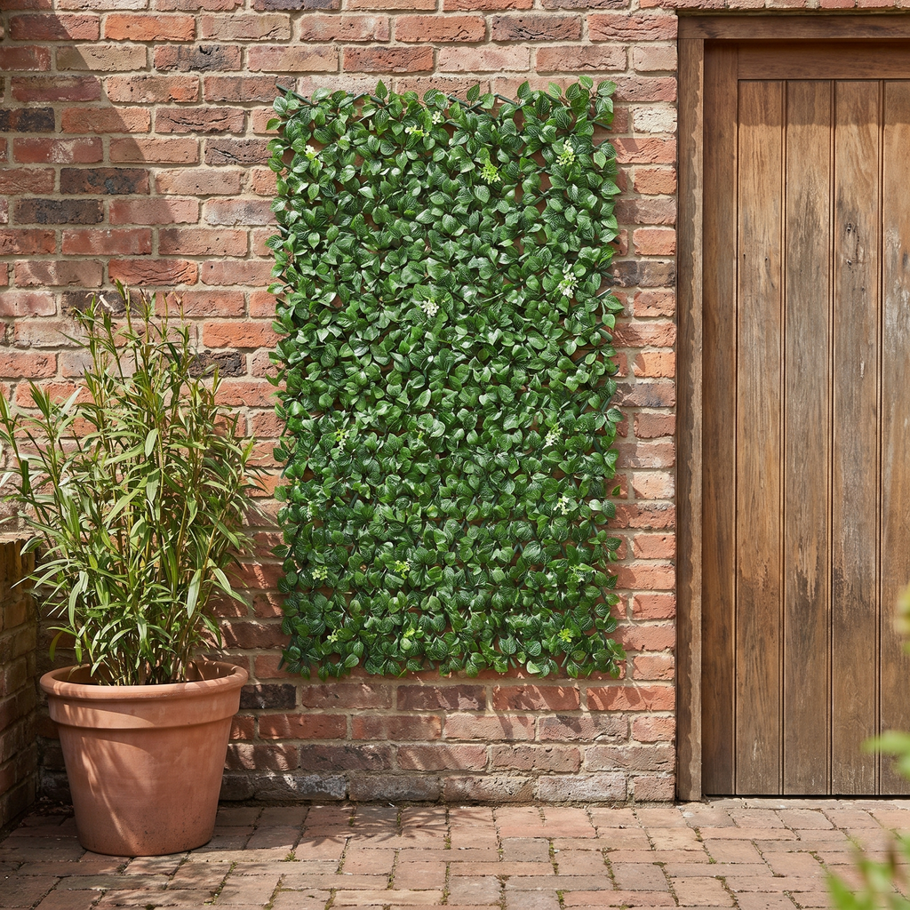 Extendable artificial trellis hedge panel on a garden wall
