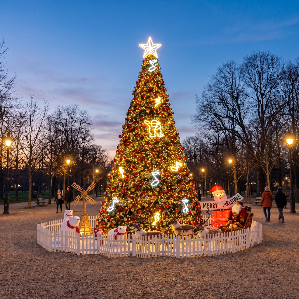 Commercial giant Christmas tree with LED lighting in a civic park
