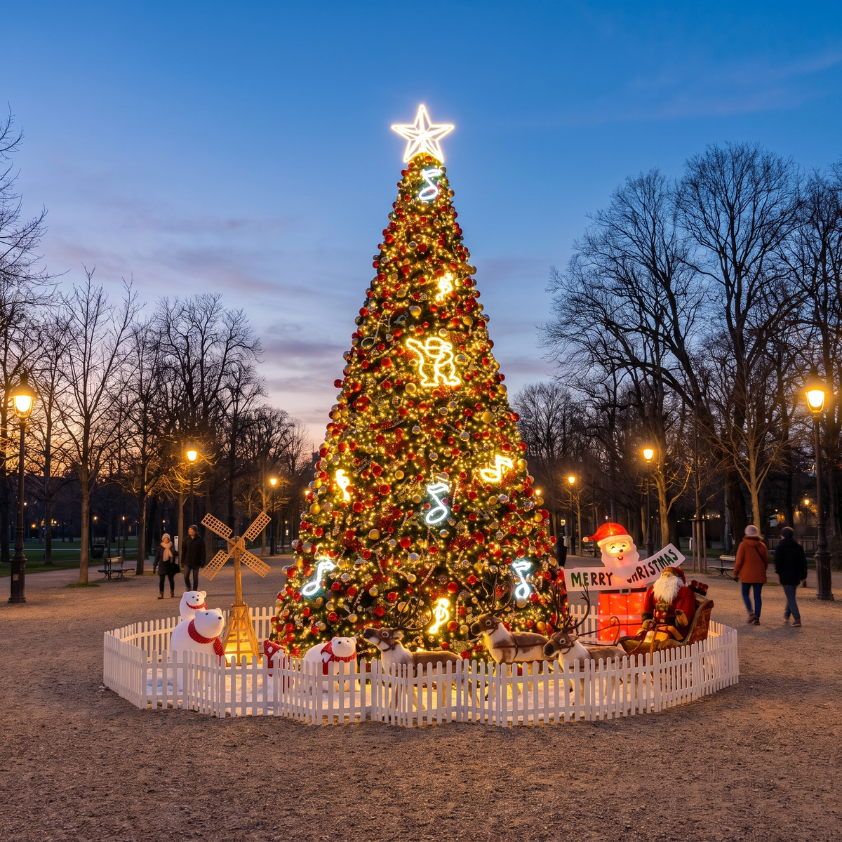 Commercial giant Christmas tree with LED lighting in a civic park
