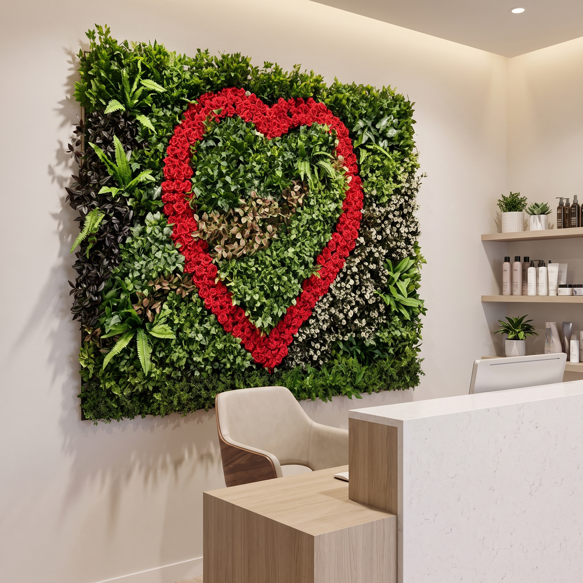 Boxwood hedge wall panels behind a salon reception desk