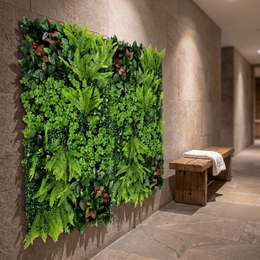 Tropical jungle wall panels in a hotel spa corridor