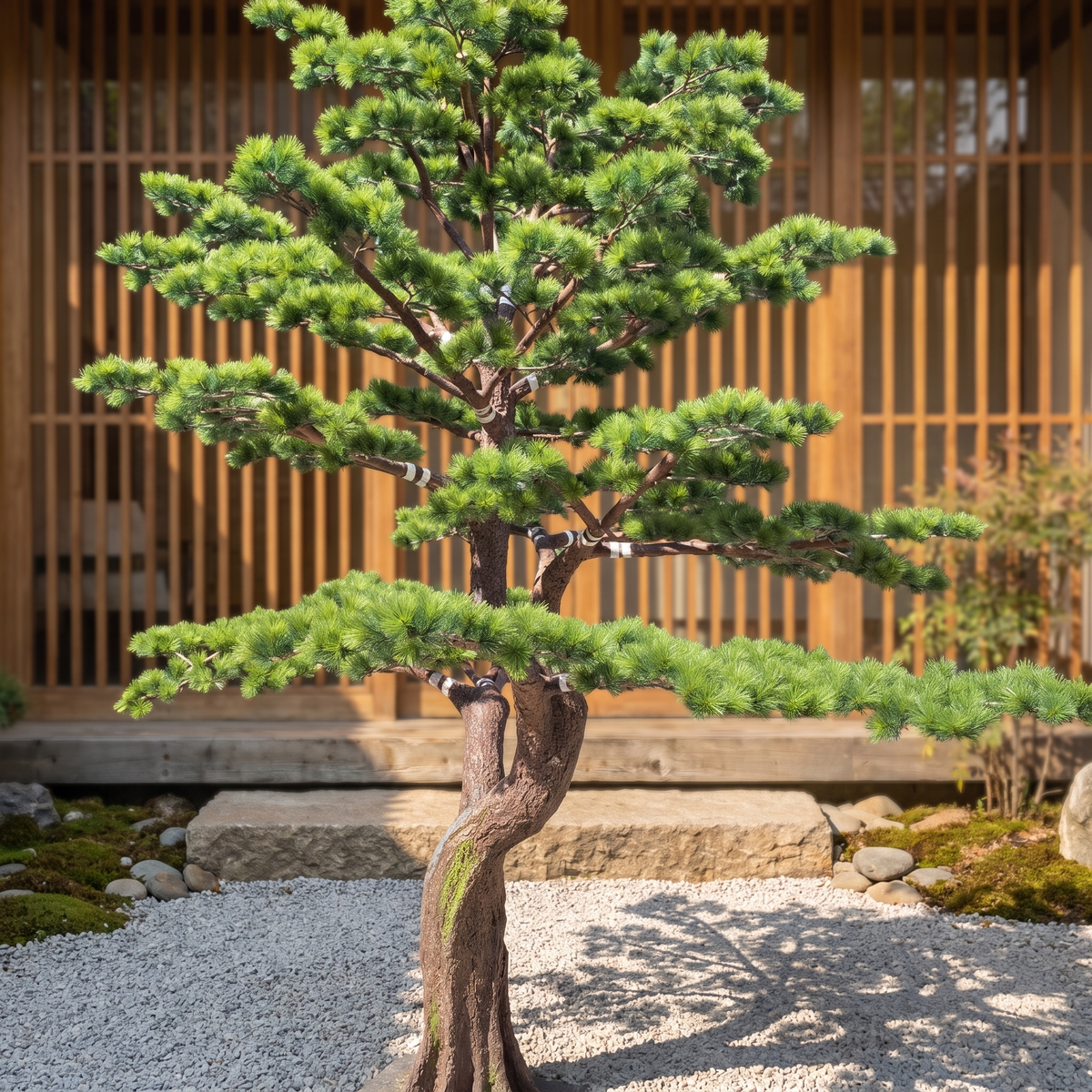 Artificial pine bonsai tree in a zen spa courtyard