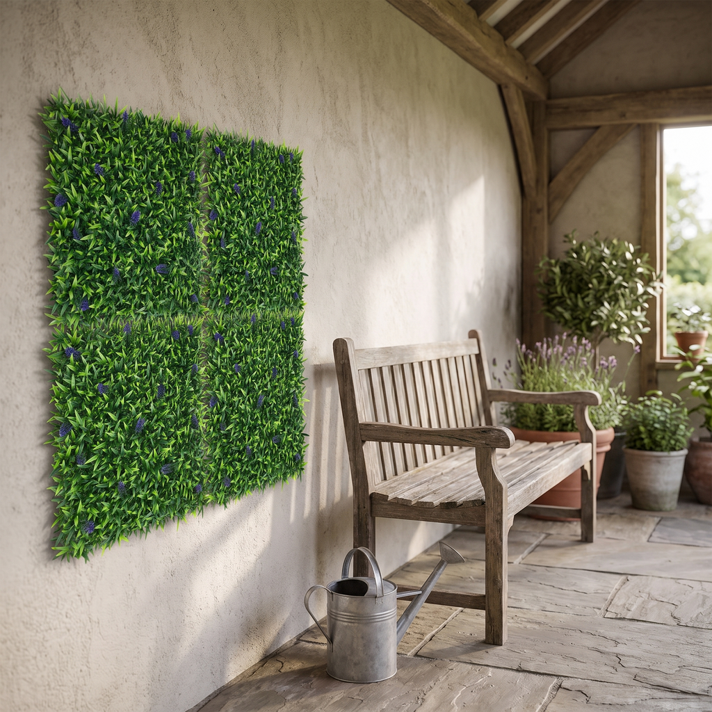 UV resistant artificial grass wall tiles in a garden room