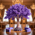 Artificial purple jacaranda wedding tree in an event ballroom