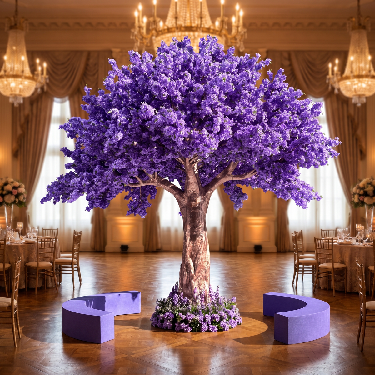Artificial purple jacaranda wedding tree in an event ballroom