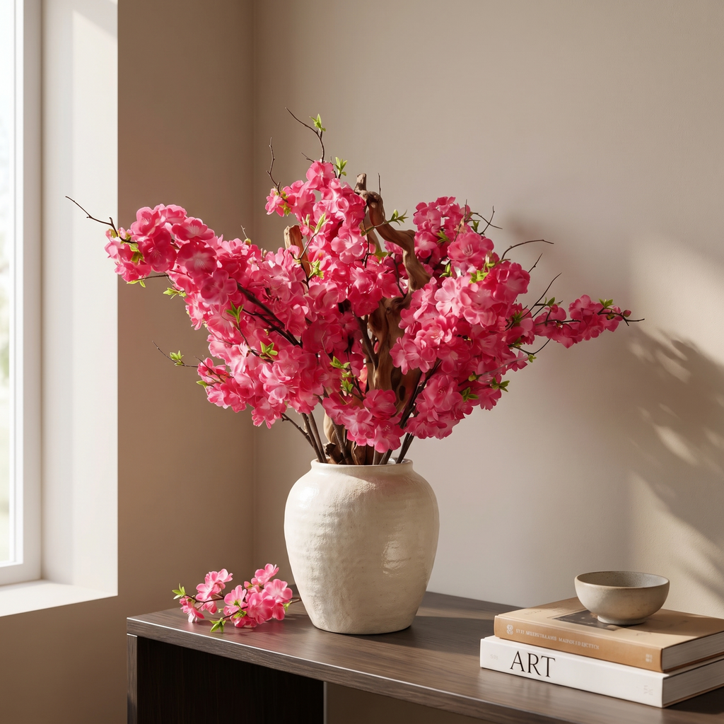 Faux red decorative flower stems in a vase on a console table