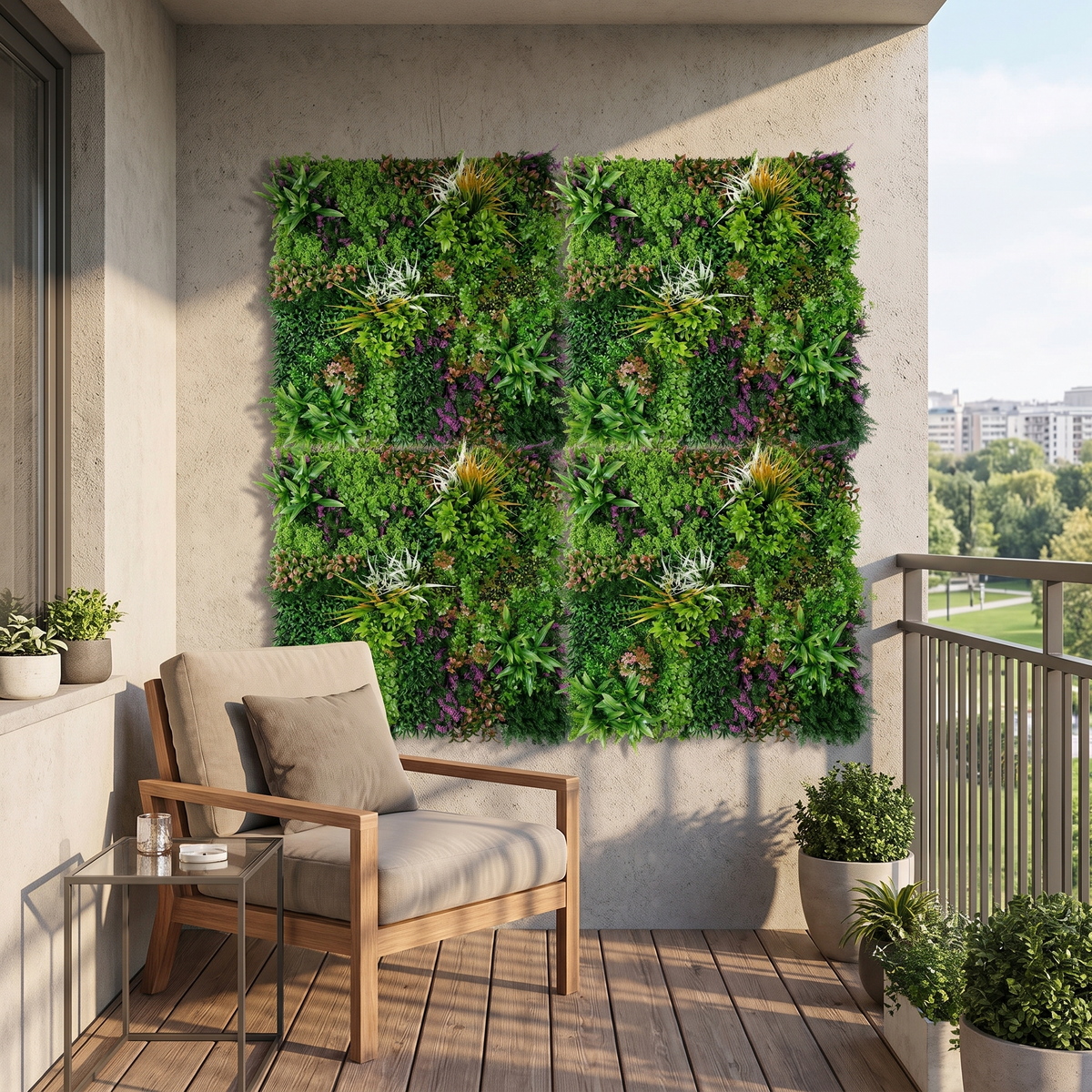 Artificial grass wall panels hung on a balcony wall