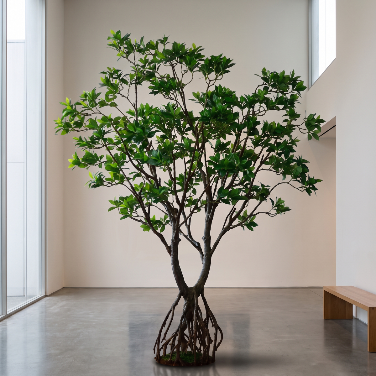 Artificial mangrove tree in a modern museum foyer