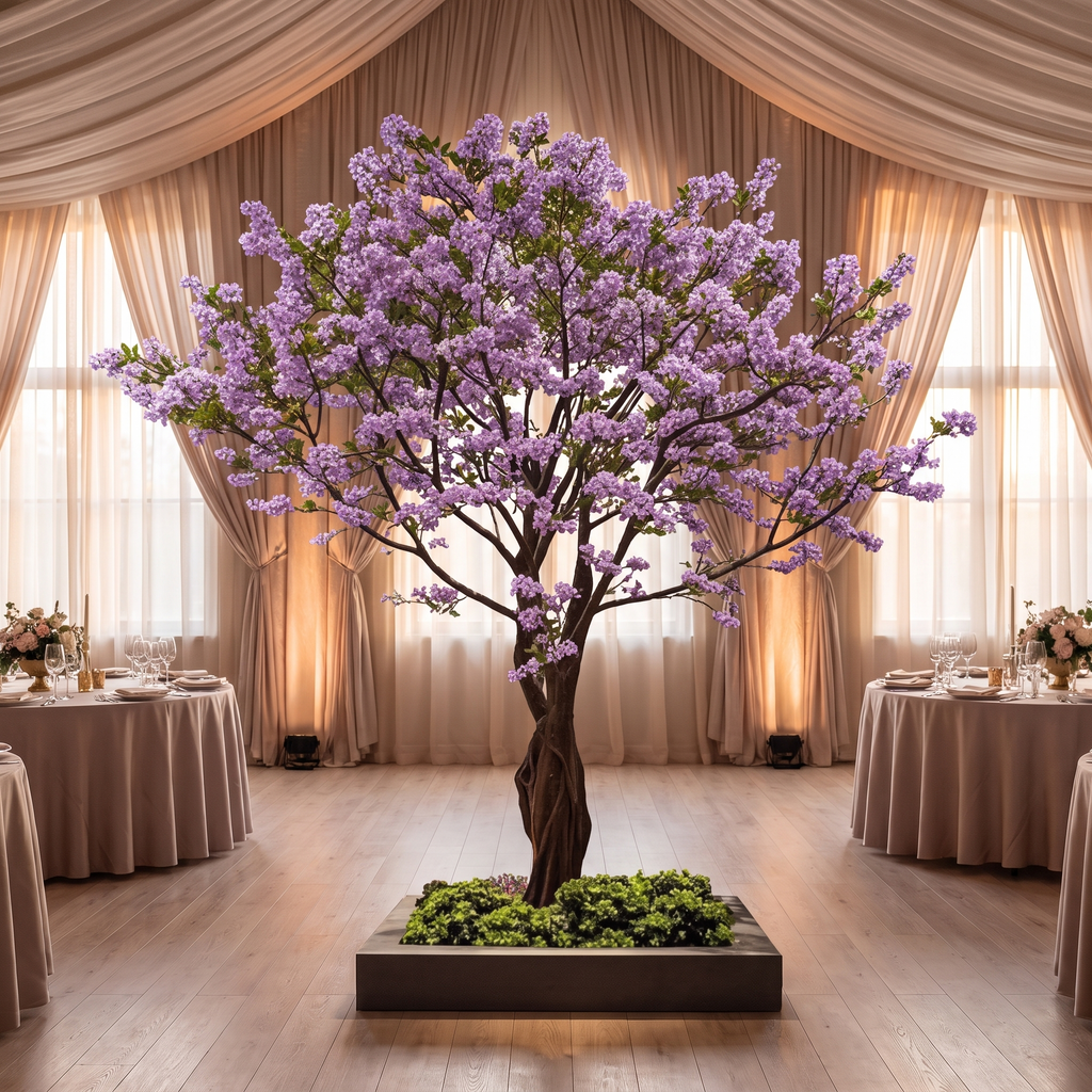 Artificial crabapple blossom tree in a wedding venue hall