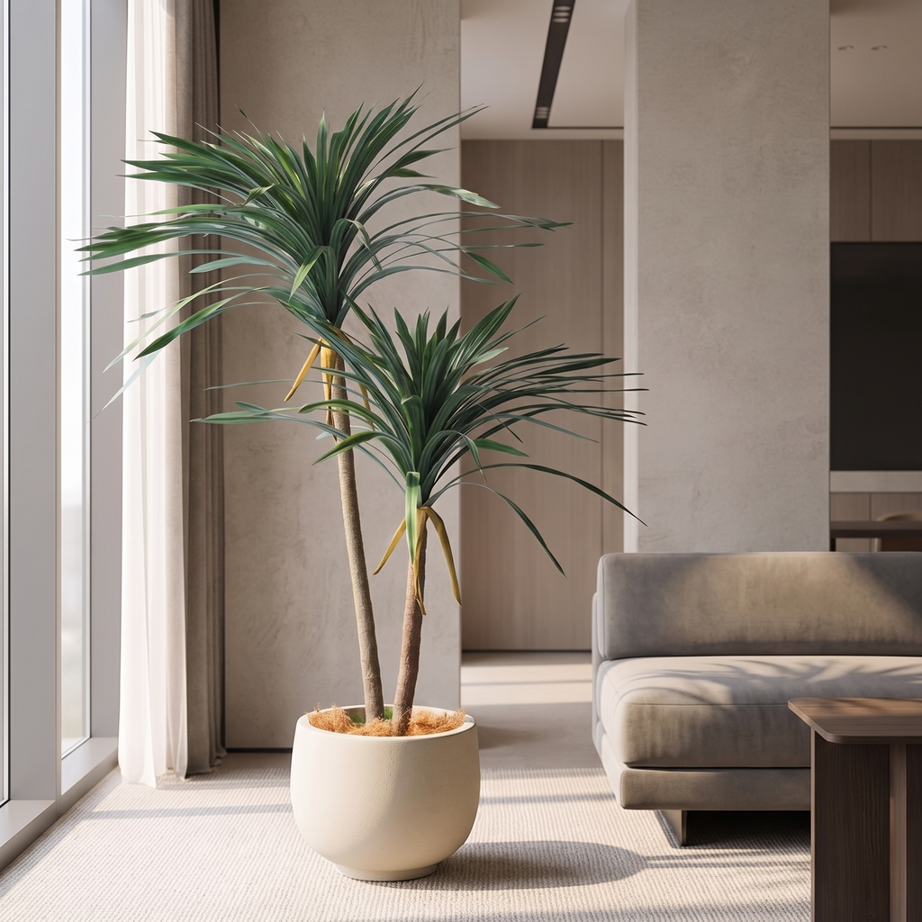 Faux dracaena tree in a corporate lounge