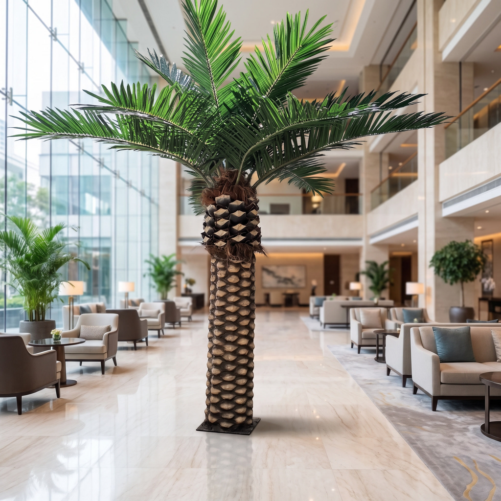 Tall artificial date palm tree in a hotel atrium