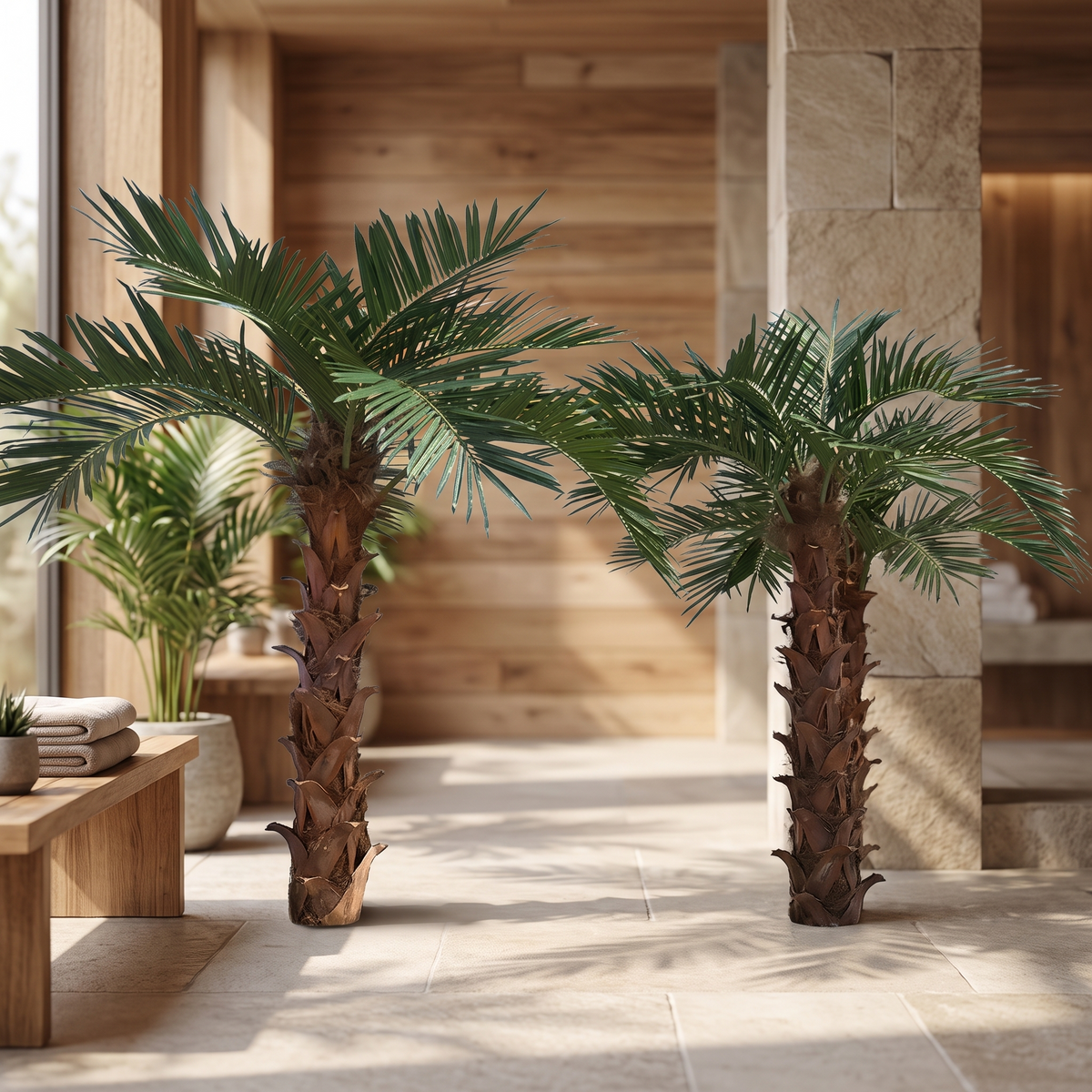 Tall artificial palm tree in a tropical spa reception