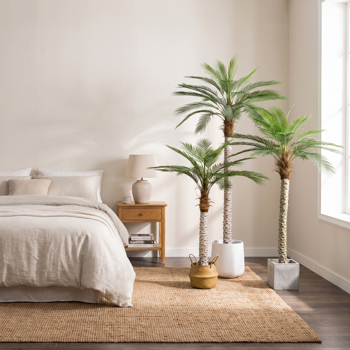 Artificial areca palm tree in a bedroom corner