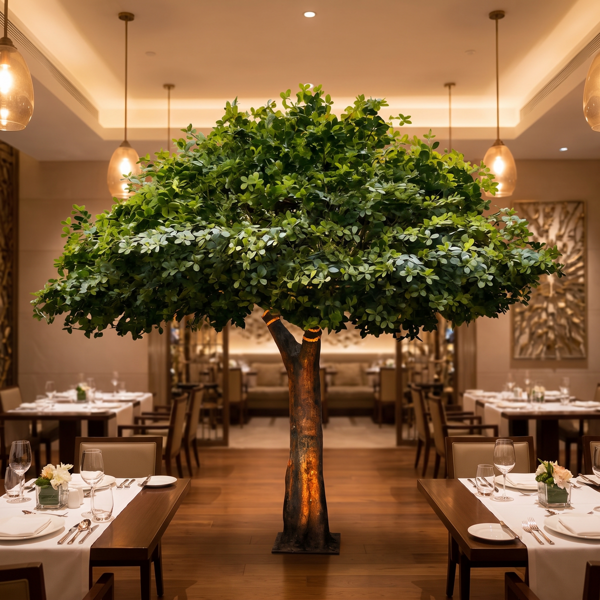 Artificial clusia tree in an upscale restaurant dining room