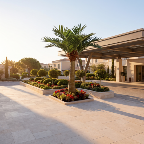 Large artificial palm tree at a hotel driveway entrance