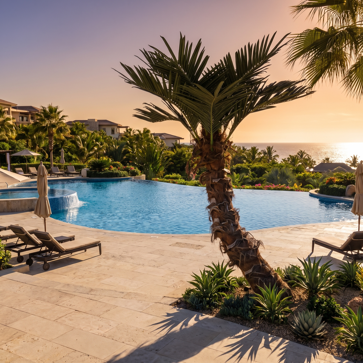 Curved artificial coconut palm tree on a resort poolside terrace
