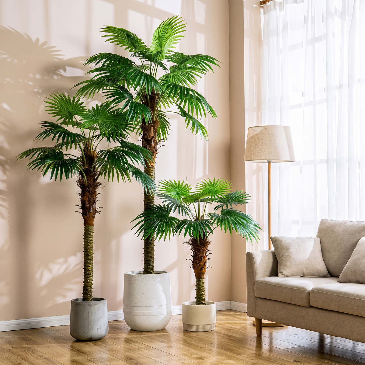 Artificial fan palm tree in a bright living room corner