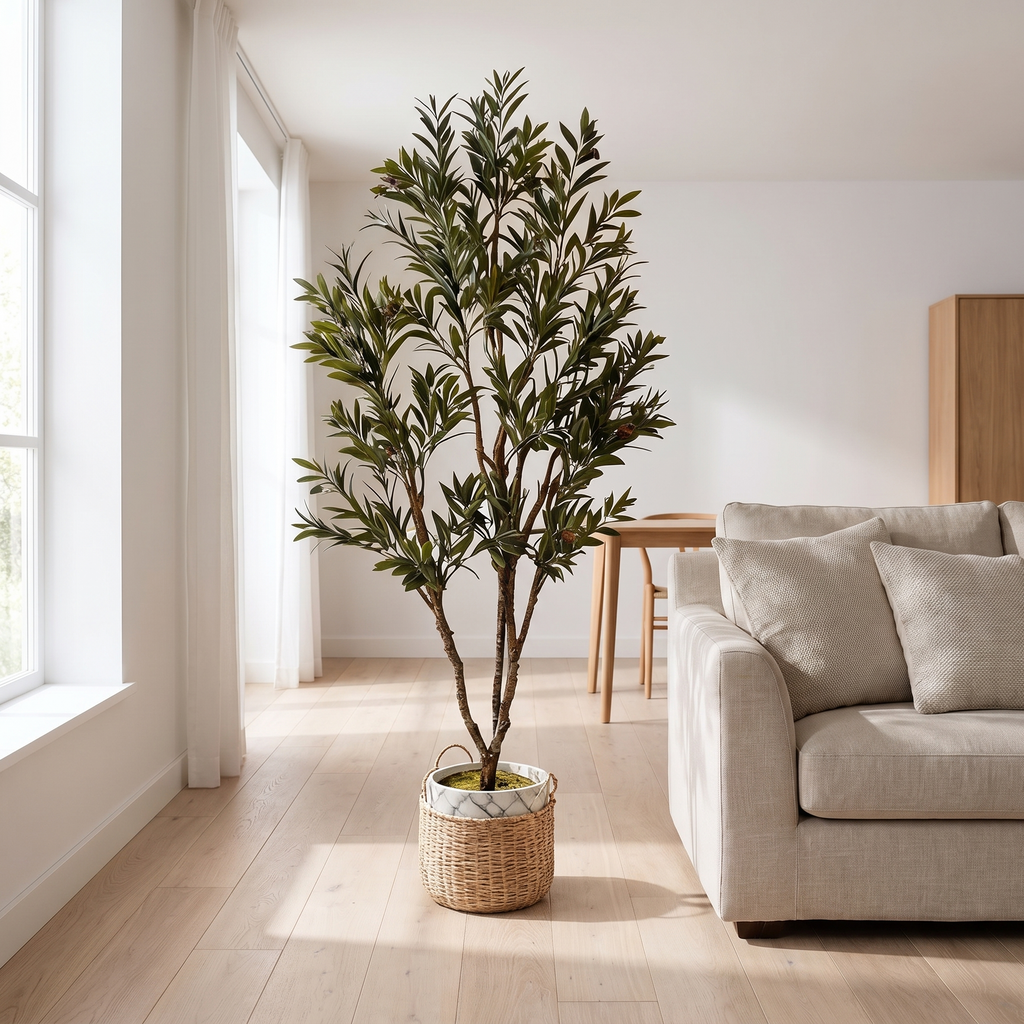 Artificial olive tree in a Nordic-style living room
