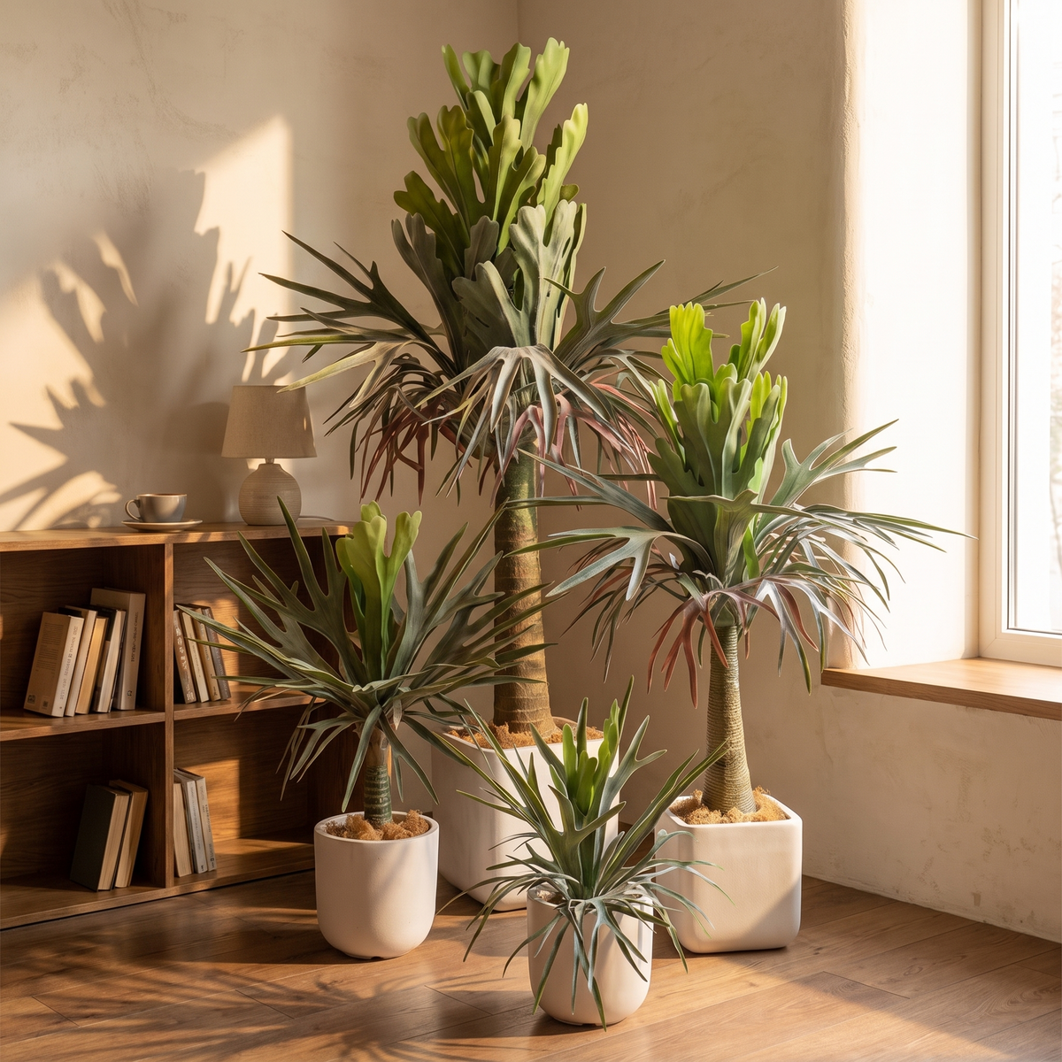Artificial staghorn fern potted plant in a reading nook