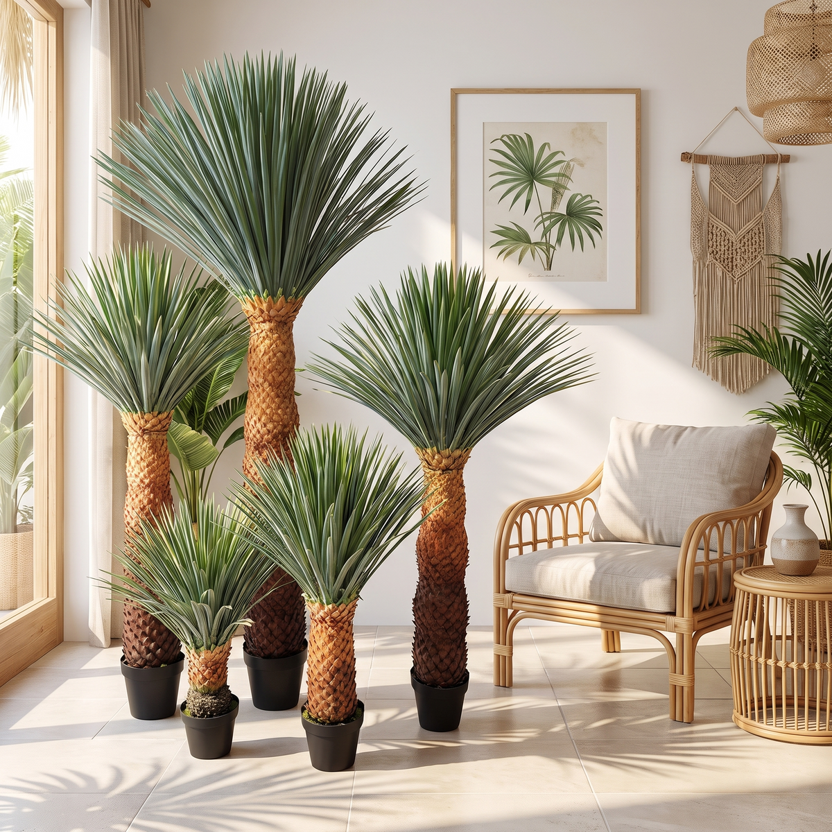 Large artificial pineapple head plant in a tropical-modern living space