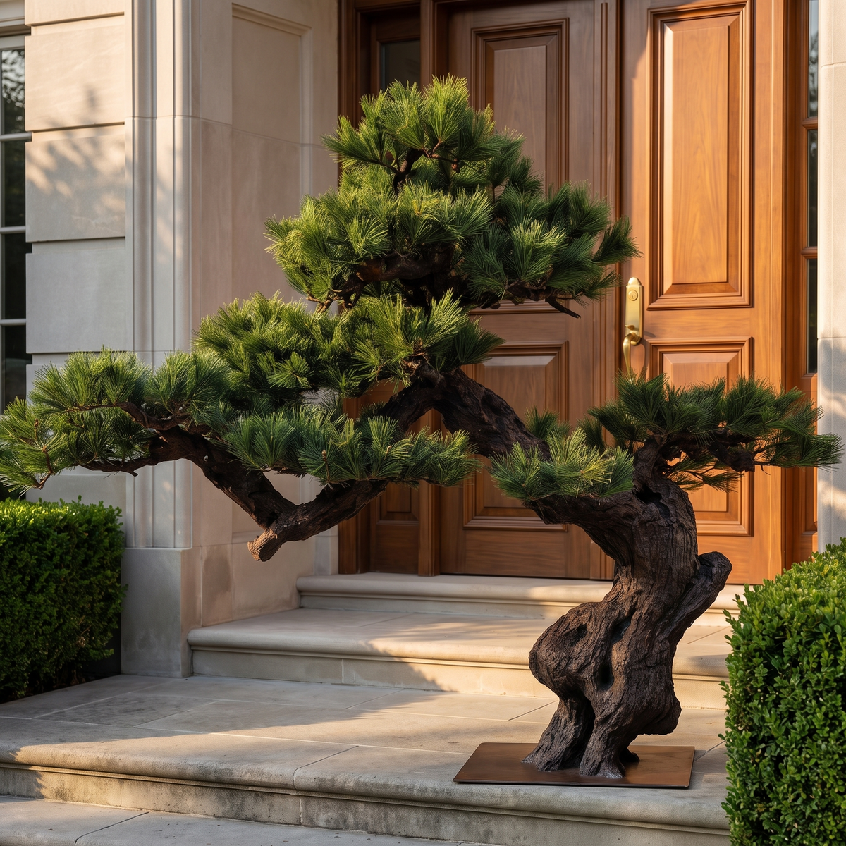 Artificial welcome pine tree at a residential entryway