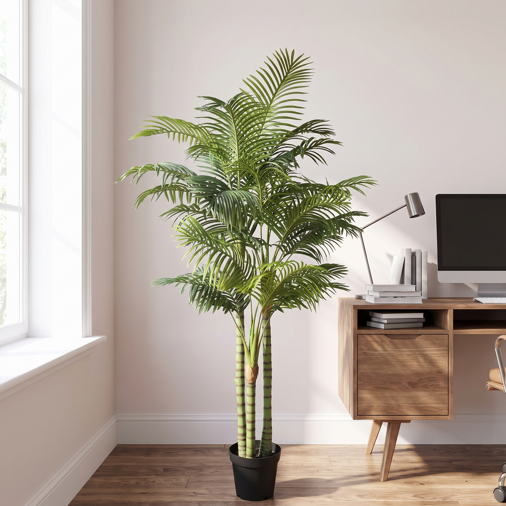 Artificial areca palm floor plant in a home office