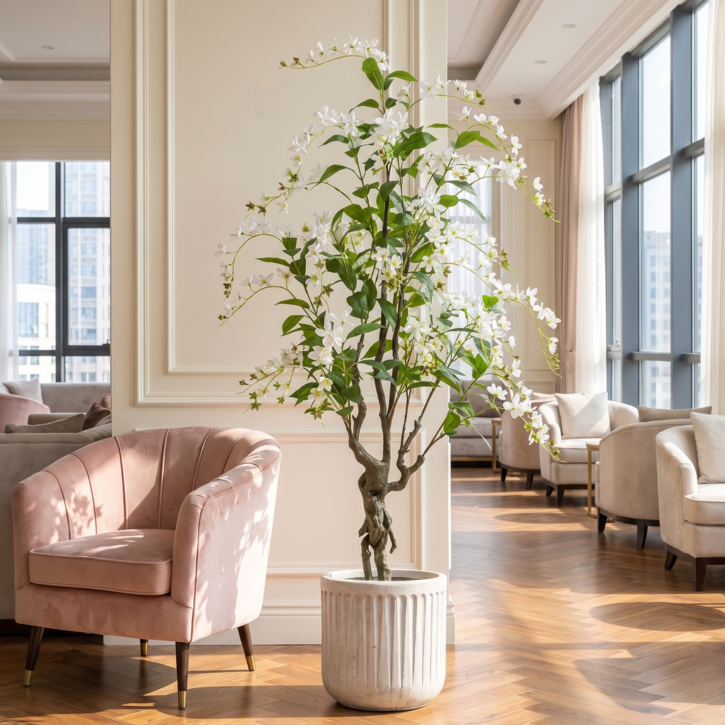 Artificial draped jasmine flower tree in a boutique hotel lounge
