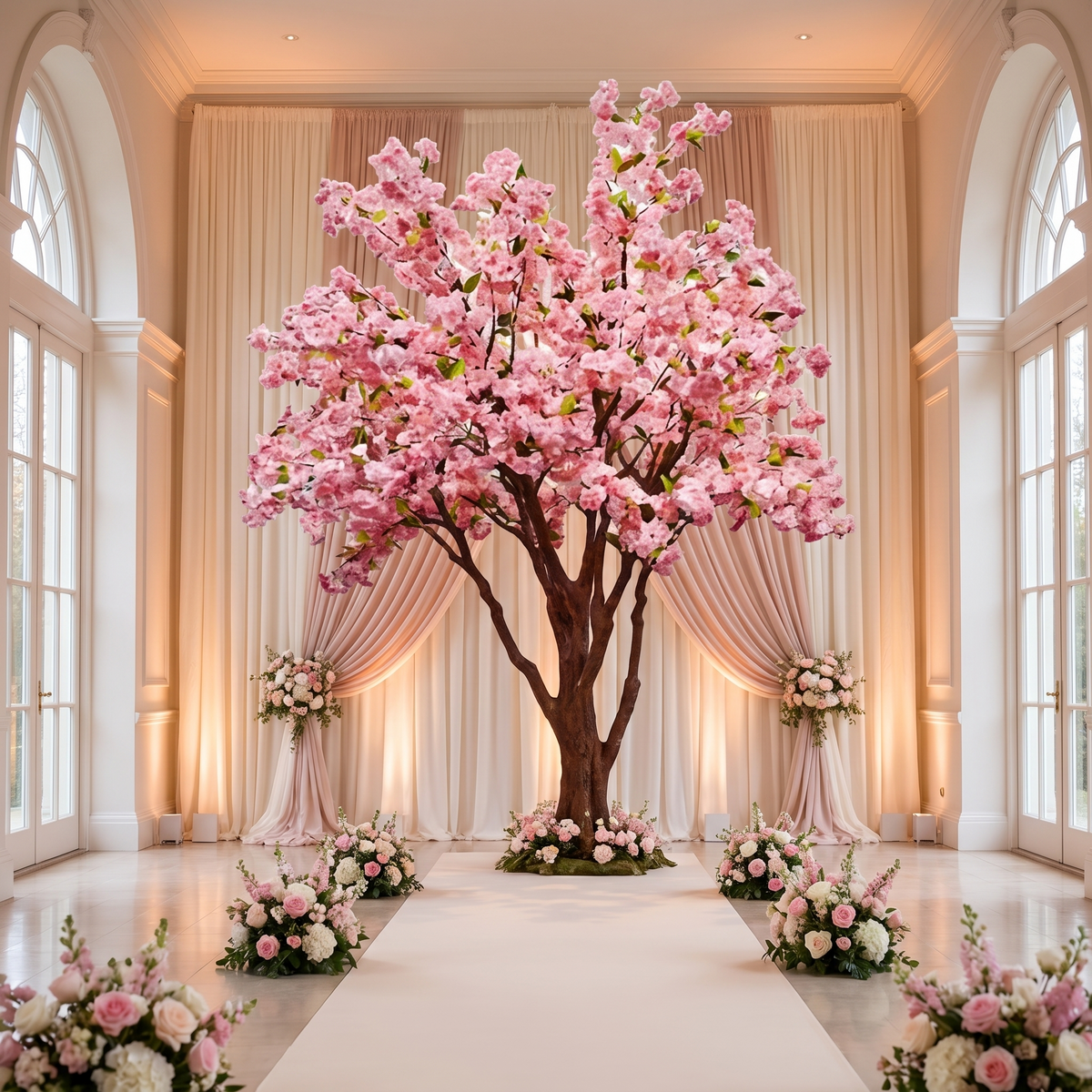 Artificial decorative scenic tree in a wedding ceremony space