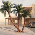 Artificial curved trunk palm tree beside a beachfront villa terrace