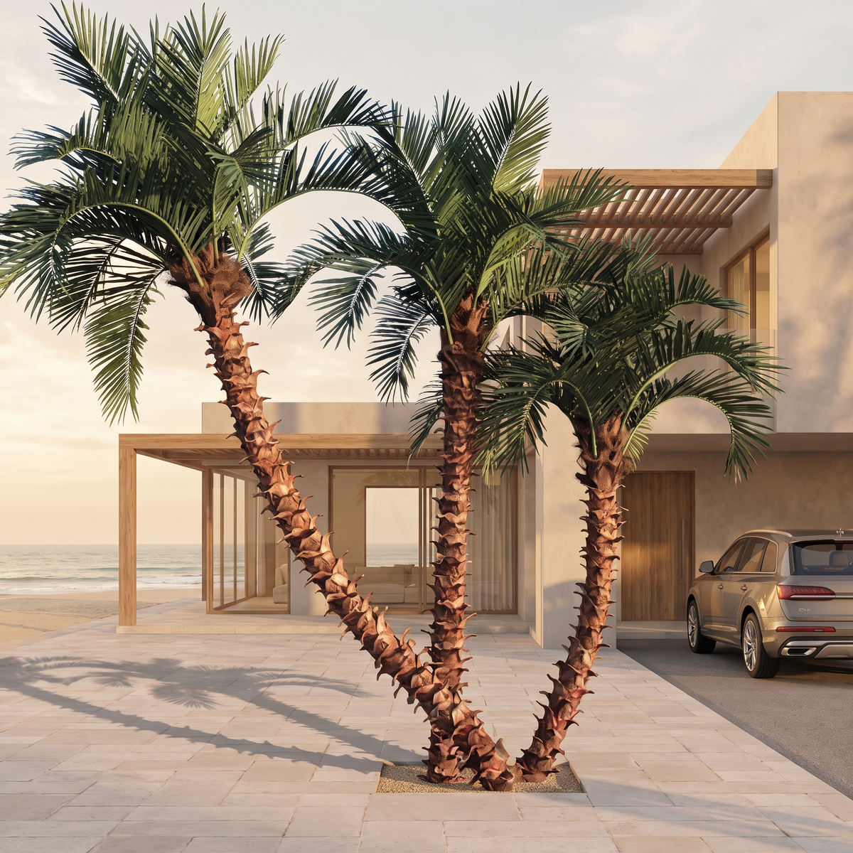 Artificial curved trunk palm tree beside a beachfront villa terrace
