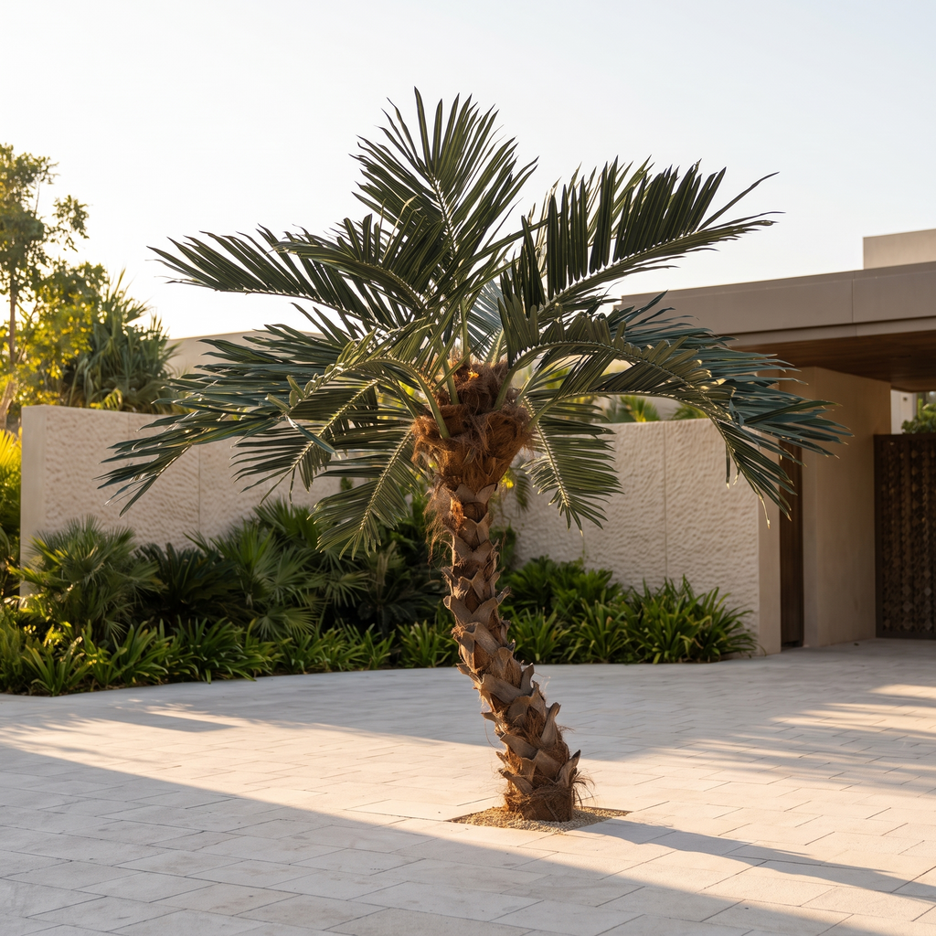 Large outdoor artificial palm tree with curved trunk on a resort entrance drive