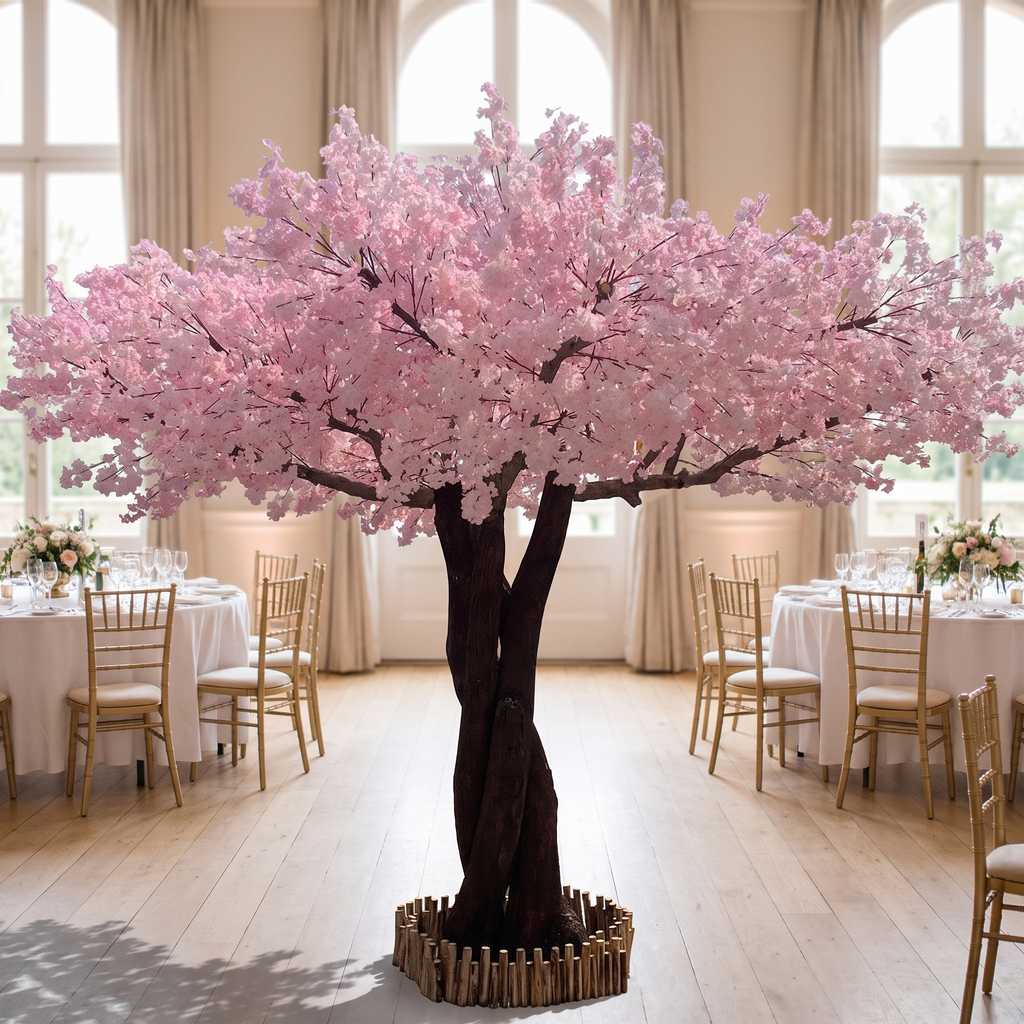 Artificial cherry blossom tree in a wedding reception hall