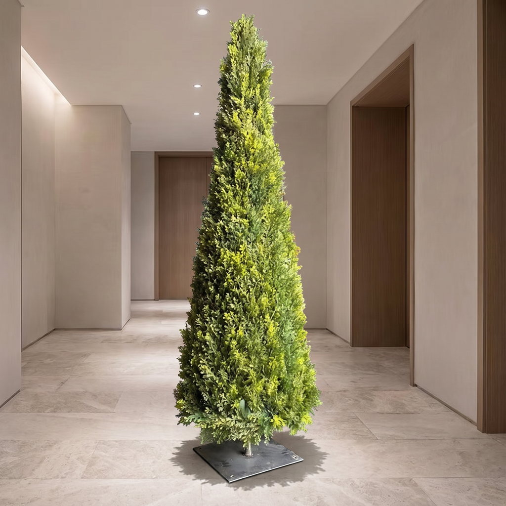Artificial conical topiary tree in a hotel corridor
