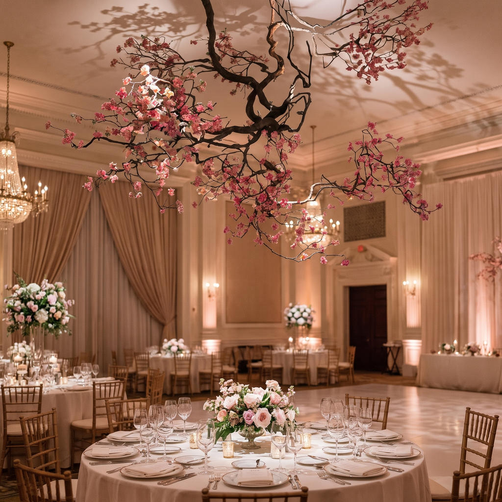 Faux flower tree ceiling hanging branch decor in an event space