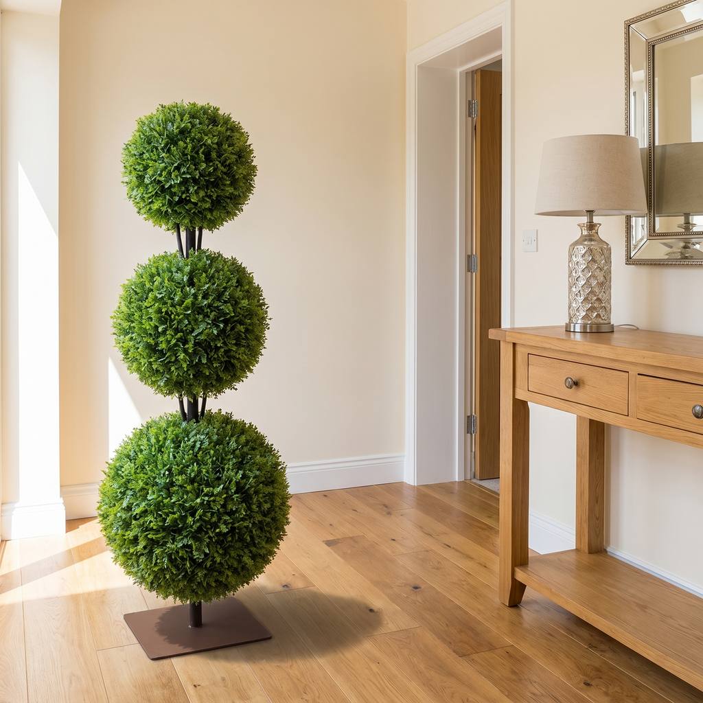 Artificial pine topiary cypress ball tree in a hallway