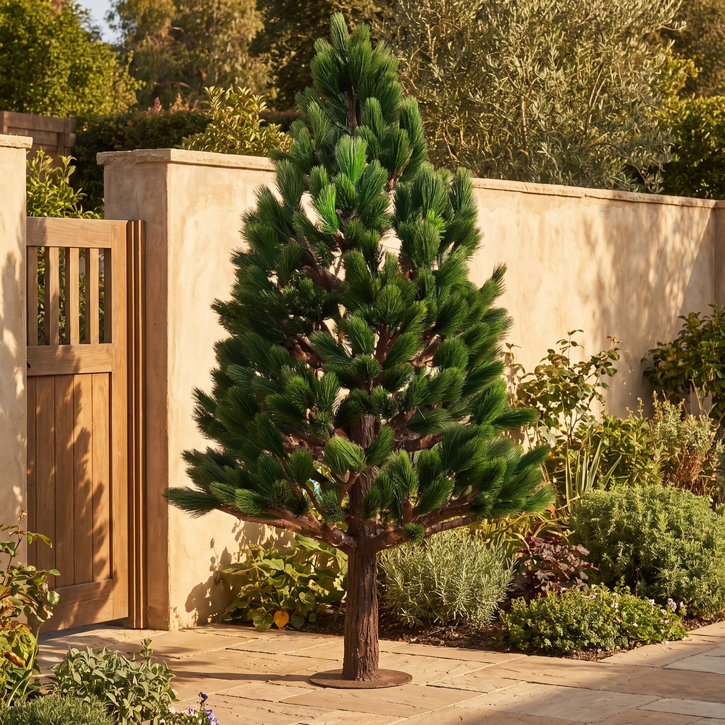 Artificial pine tree on a garden terrace