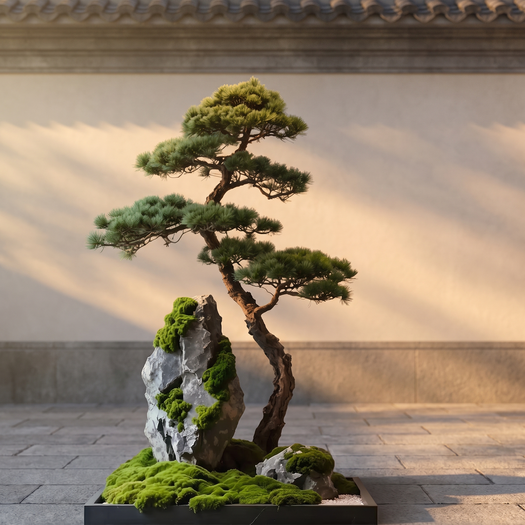 Artificial pine conifer cedar style tree in an entrance courtyard
