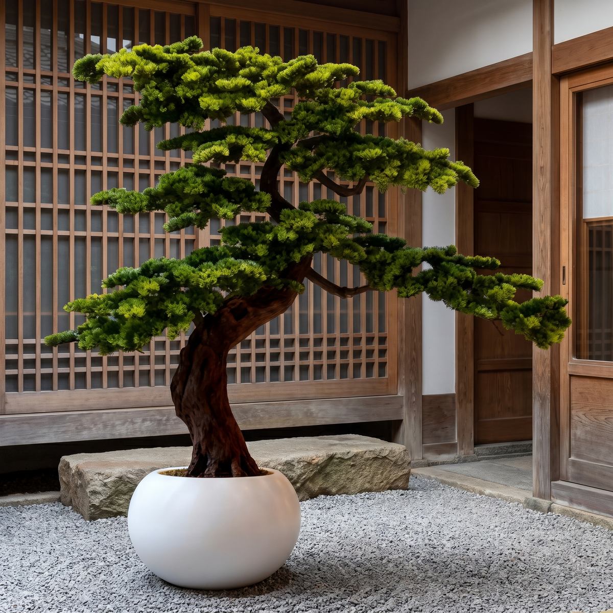 Artificial cedar pine tree in a Japanese-style courtyard