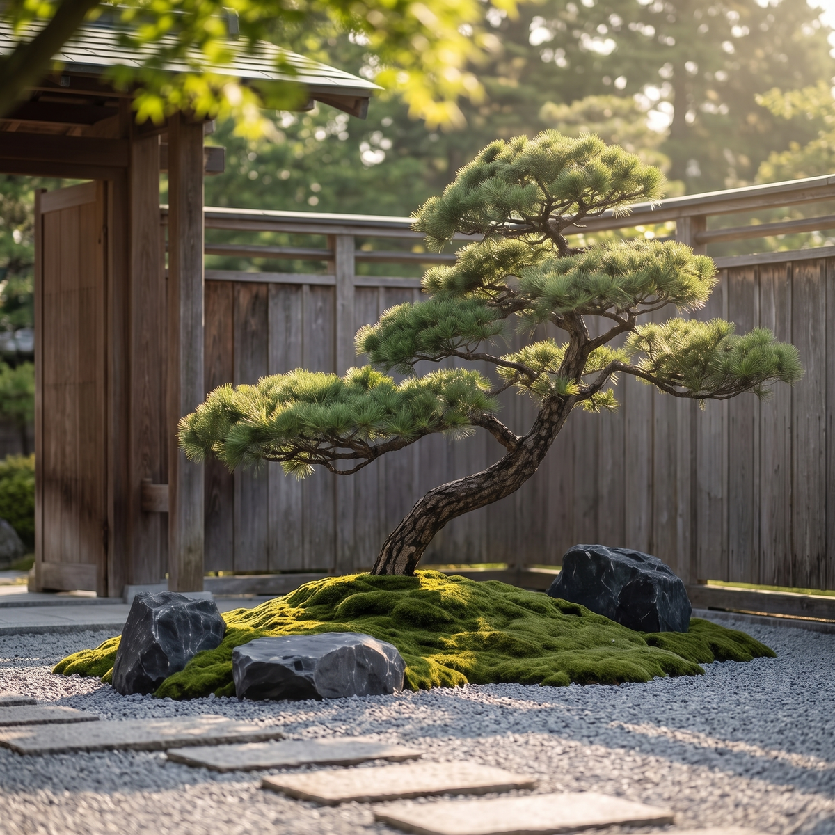 Japanese artificial pine tree in a garden yard